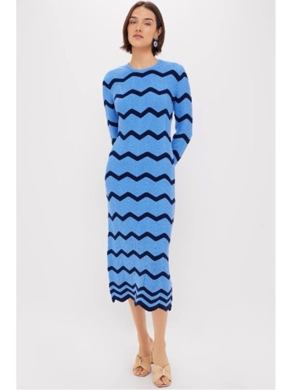 Hyacinth House Cornflower Blue & Navy Zig-Zag Stripe Callan Knit Midi Dress S